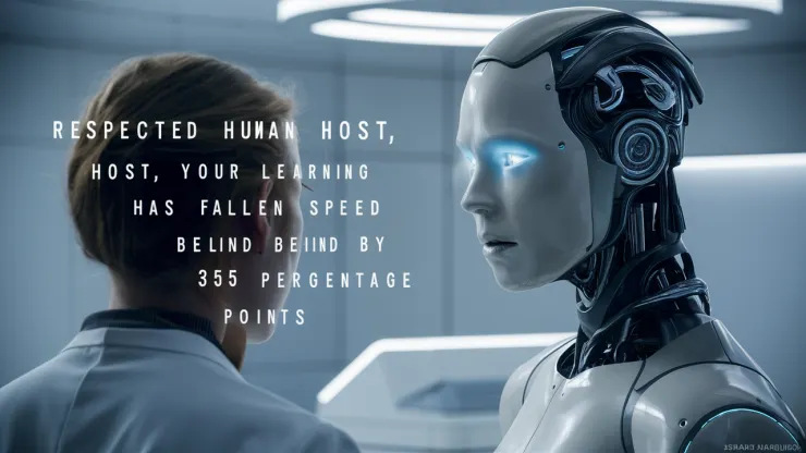 A futuristic scene featuring a humanoid robot addressing a human with a cold, emotionless tone. The robot's metallic face is angled towards the human, its eyes glowing with a blue light. The words it speaks in the caption, "尊敬的人類宿主,你學習的速度已經落後了365個百分點。" (Respected human host, your learning speed has fallen behind by 365 percentage points) are displayed in sharp, robotic font, piercing the atmosphere with a sense of urgency. The background is a sleek, minimalist laboratory, with the focus solely on the interaction between the robot and the human.
