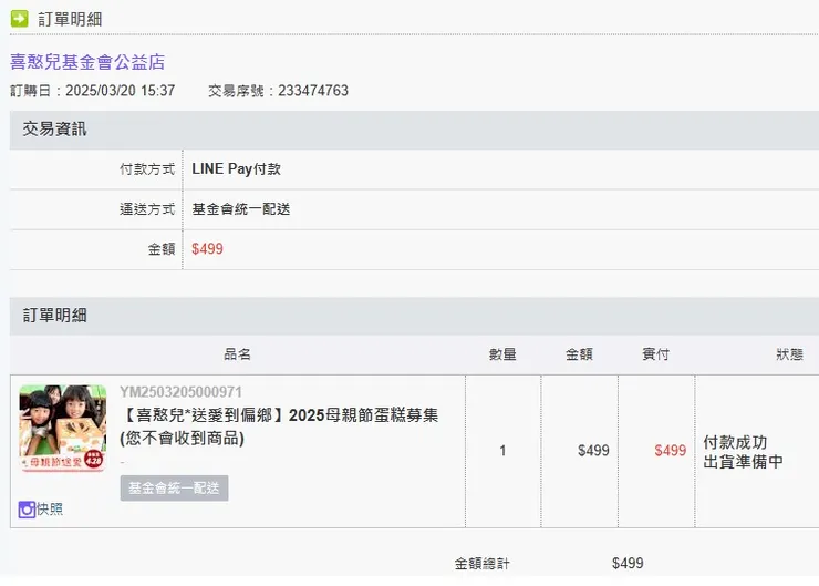 【喜憨兒*送愛到偏鄉】2025母親節蛋糕募集-個人捐贈明細