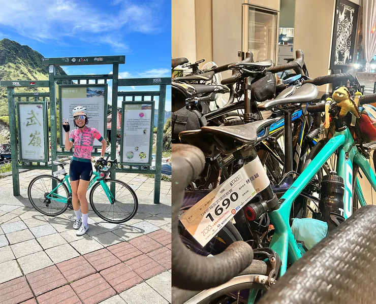 在公路之巔的合照以及車子與號碼牌。