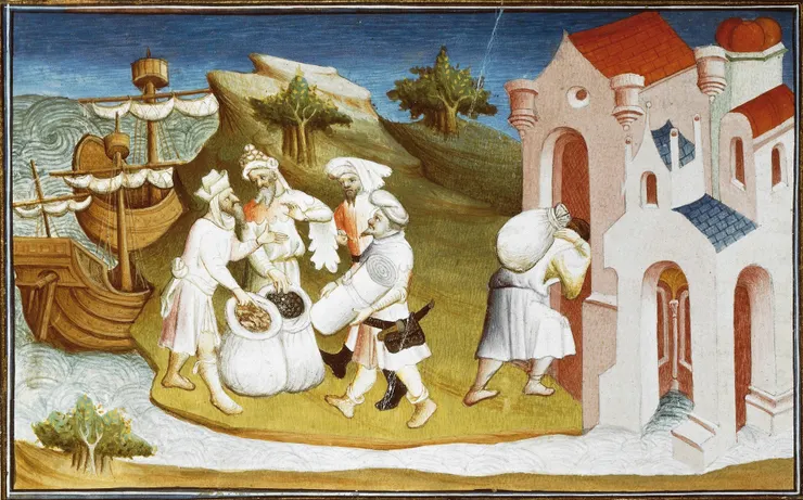 香料的使用在中世紀食譜中非常普遍，在沒有現代冷藏技術的情況下，香料除了用來保存食物，也為食物增添複雜的層次感。畫中人物販賣來自遠東的香料，顯示出歐洲商人與全球貿易網絡的深度聯繫。圖收錄於馬可·波羅和魯斯提切羅的《世界奇觀書》（Livre des merveilles du monde）中。