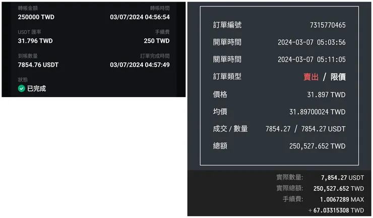 Rybit 買進紀錄(左) vs MAX 賣出紀錄(右)