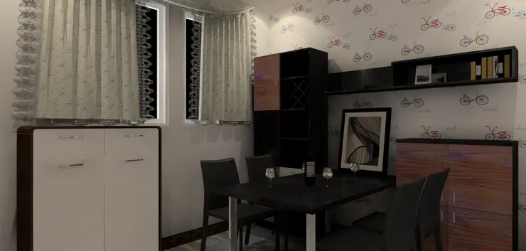 組合櫃跟餐桌是相反方向，雖然很大、組件看起來很多，卻不覺得複雜凌亂。