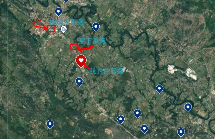 當天太專心走路，沒有拍到被放下車的地點照，只好用GOOGLE 空景照說明一下