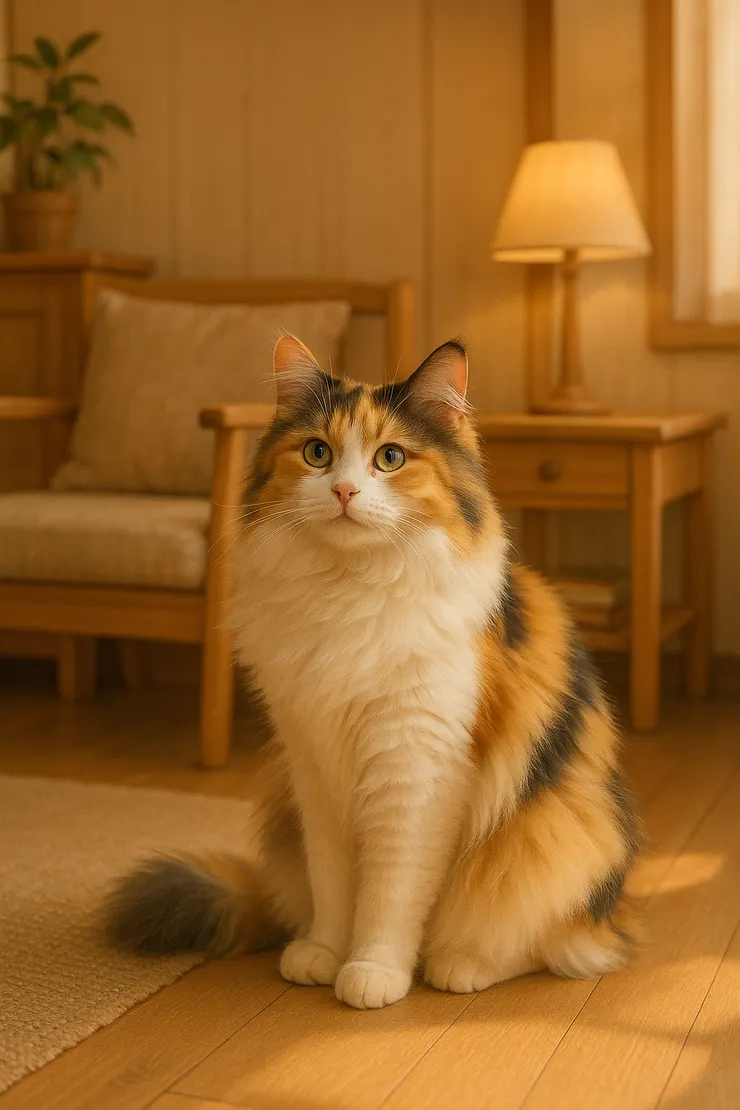 美麗的長毛三花貓，夢中的場景是在我自己的房子裡 - ChatGPT