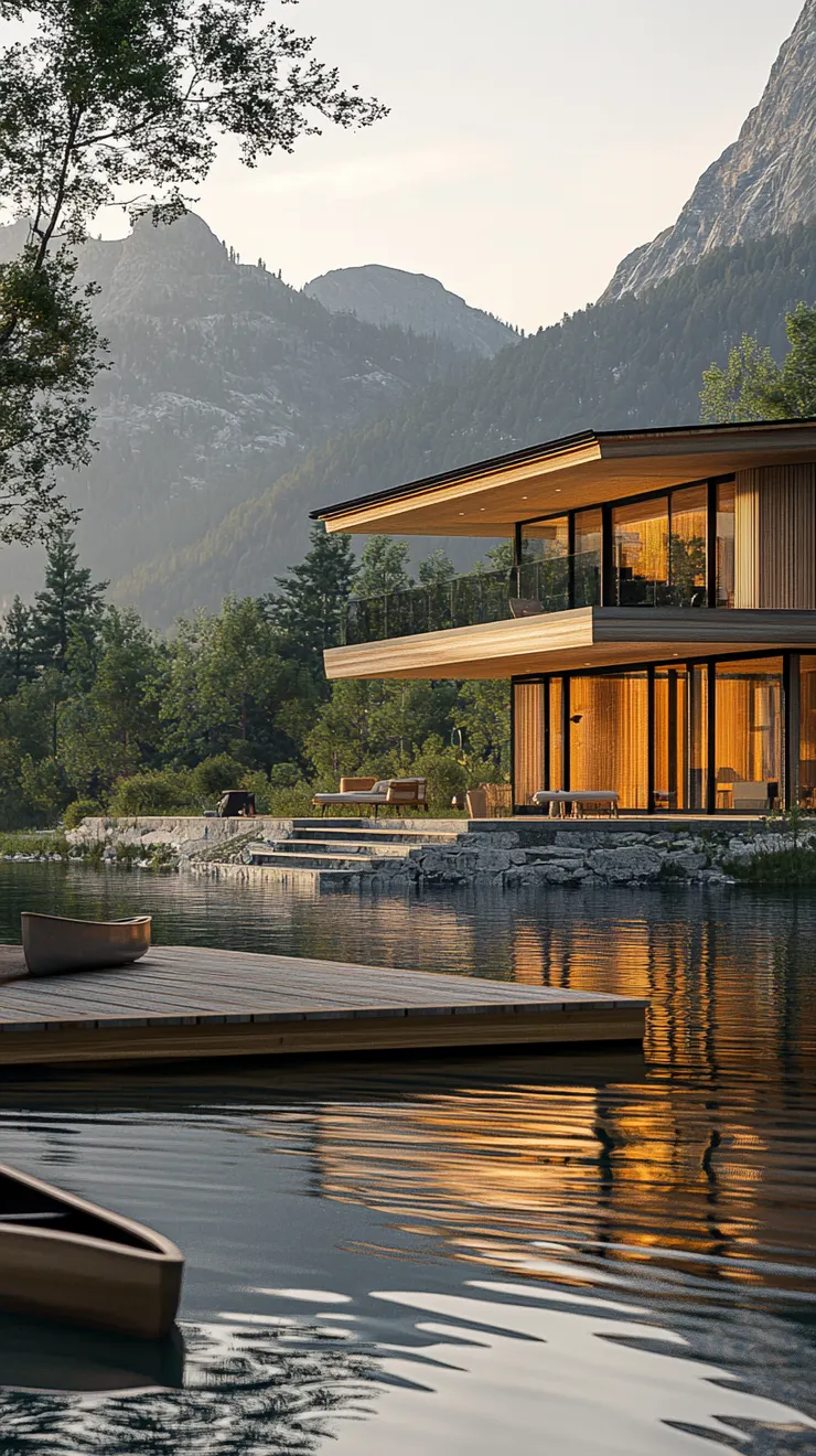 A modern lakeside house with large windows overlooking a calm lake, wooden dock, canoe, natural light