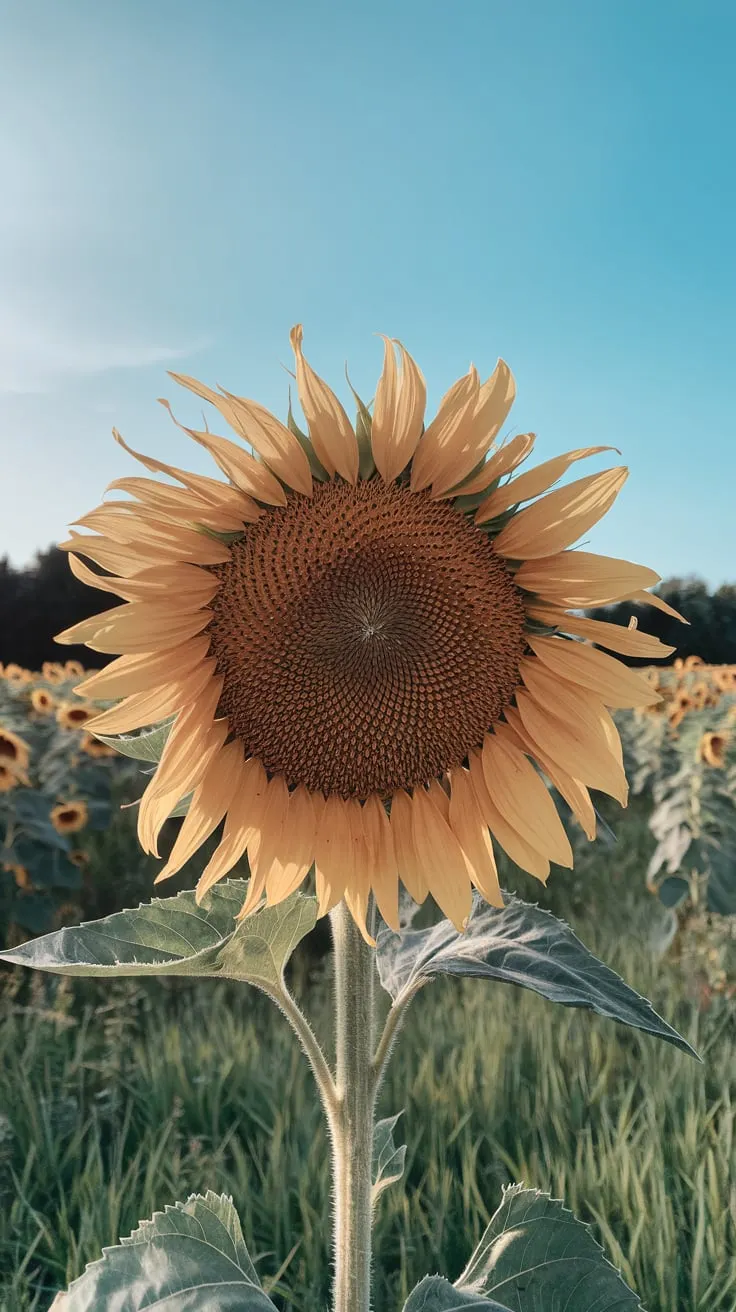 A photo of a sunflower with its petals fully open, facing the sun. The sunflower is in a field of sunflowers, with more sunflowers in the background. The sky is clear and blue. The grass is green and healthy. The sunflower's center is dark brown.