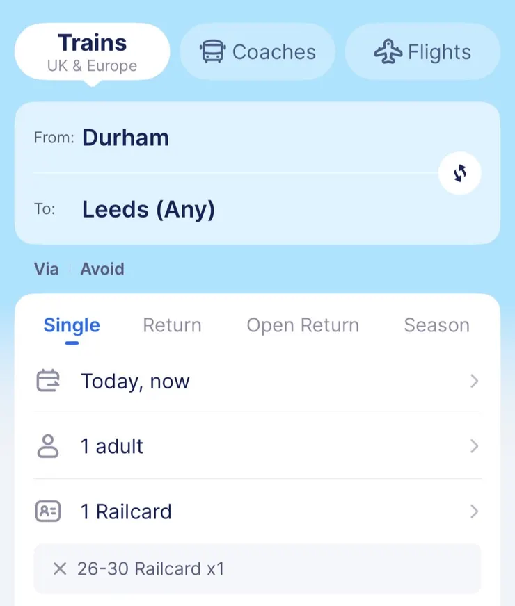 Trainpal介面簡單好用，若持有效期內的Railcard，記得買車票時要選擇Railcard
