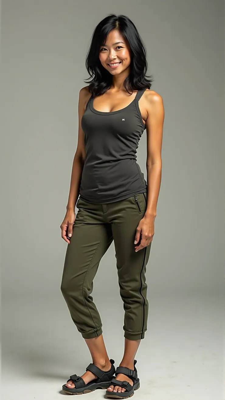 Quick-dry tank top, capri pants, hiking sandals