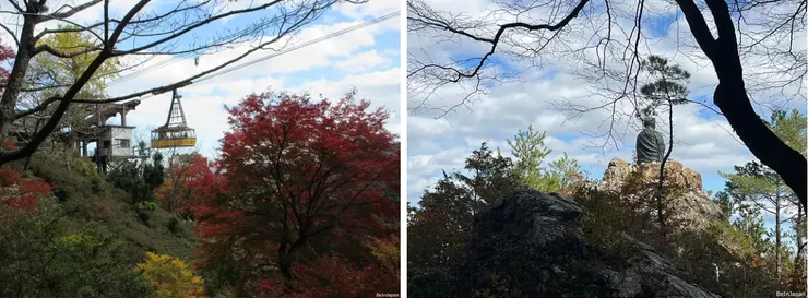 回頭遙望纜車與空海大師背影