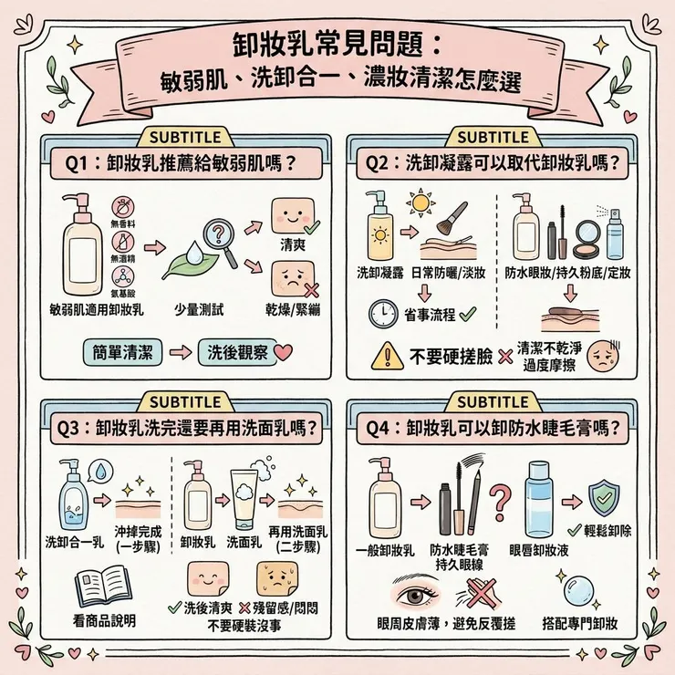 卸妝乳常見問題：敏弱肌、洗卸合一、濃妝清潔怎麼選