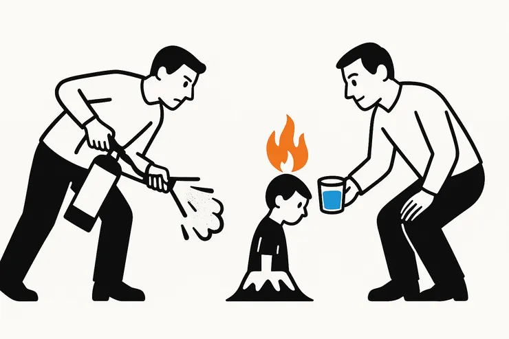 用理解降溫，而不是用權威壓制。孩子的情緒是一團小火焰，父母不是用滅火器（強硬對抗），而是遞上一杯水（理解）