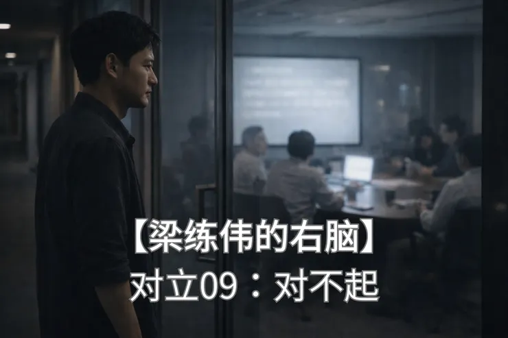 梁练伟站在会议室玻璃外看着里面的人开会