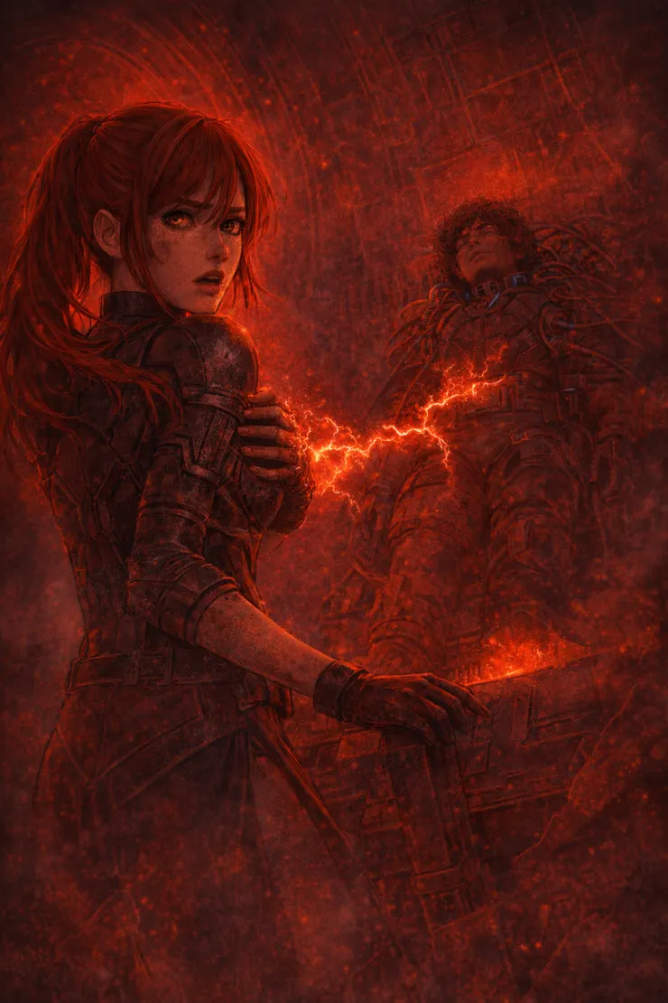 紅光警報下，紅髮女子回頭驚愕，紅色電弧連結項鍊與祭壇上的陽翔。