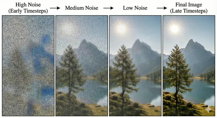 模型生成圖片從 High Noise 到 Low Noise 的示意圖（圖片來源：Gemini 生成）