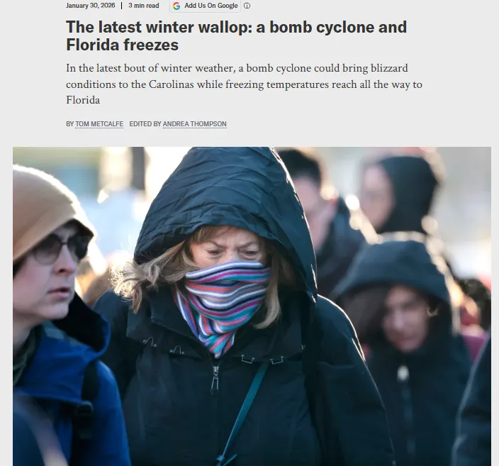 圖片及英文原文出處https://www.scientificamerican.com/article/a-bomb-cyclone-and-extreme-cold-will-freeze-the-eastern-u-s-again/
