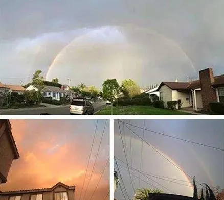 A picture was taken on the day when the holy assembly of 100 sessions concluded perfectly. The holy site where Yin Hai Yu Zun’s holy body rests for worshipping is at the east side of the greater Los Angeles area and had a heavy rain. In the west direction, the sky was completely clear. Two arc-shaped rainbows appeared in the rainy side of east. The first one, the inner ring, was extremely bright. The dark colored areas between two rainbows resembled an arc-shaped heavenly path with seven-colored borders. The lower-left picture shows the gradual fading of the two rainbows. Within the orange-colored afterglow, two hazy golden dragons could be seen.