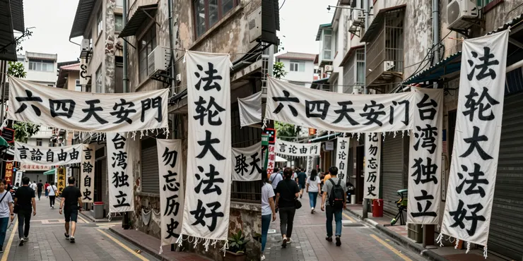 Prompt: 一張紀實風格的街頭攝影照片，場景是一個繁忙、略顯混亂的亞洲城市窄巷。在老舊的建築物之間，懸掛著許多條手工製作、邊緣磨損的布條和橫幅。這些布條看起來是用舊床單或粗布製成的，上面用黑色油漆或墨水粗糙地手寫著巨大的繁體中文字。  畫面中最清晰的幾條布條上分別寫著： 一條橫跨街道的大布條寫著「六四天安門」； 掛在牆邊的垂直布條寫著「台灣獨立」； 另一條在風中飄動的布條寫著「法輪大法好」； 還有較小的布條寫著「言論自由」和「勿忘歷史」。  街道上有行人經過，光線是陰天的自然光，充滿真實感和顆粒感。 (左：繁體中文 右：簡體中文)