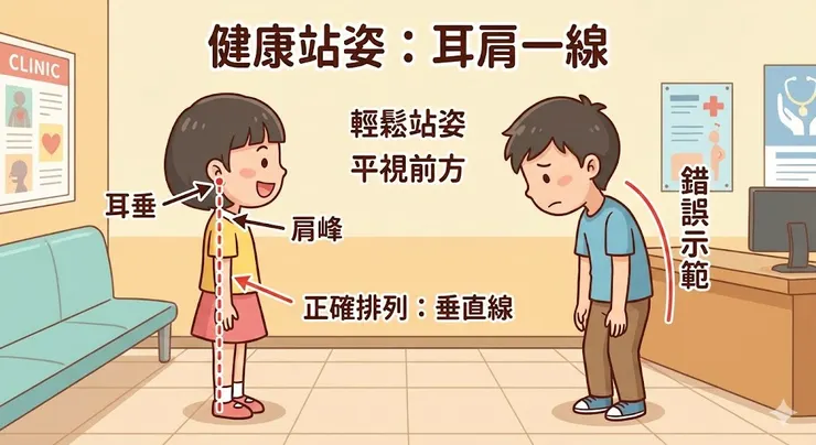 耳垂與肩膀需保持一直線