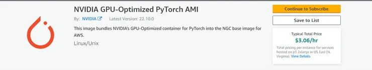 Nvidia GPU-Optimized PyTorch AMI。Source: AWS Marketplace