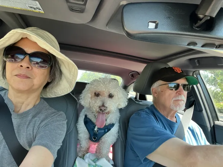 這樣前腳搭在前方，後腳撐在後座，其實是很費力的，但是Benny散步完以後都能這樣撐著站回家。