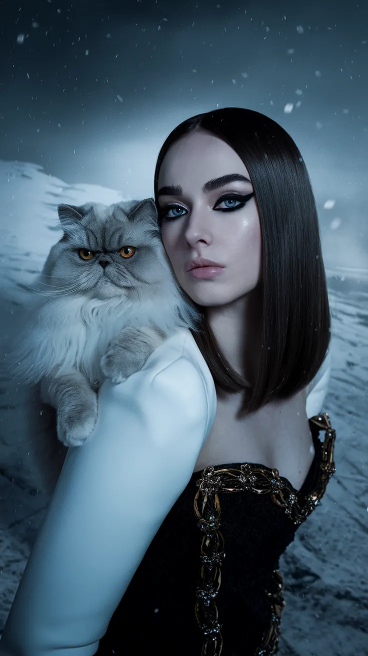 A hyper-realistic photo, glamour. cinematic upper body photo, Dramatic Shadow with a Bold Look, A brunette woman, she is wearing blackened dress adorned with gold, exuding an air of mystery. beam of light on her, Nestled on the woman shoulder is a Persian cat with a luxurious, snow-white coat and striking amber eyes, excellent dynamic range, makeup, natural youthful glow. White modern clothes, straight white hair cascading down her shoulders, Her eyes are almond-shaped and striking blue ,accentuated by thick ,eyeliner. Her eyebrows are well-groomed,framing her eyes. arctic circle snow drift, snowing, snowflakes, cold, chill bumps, approaching perfection, dynamic, highly detailed, smooth, sharp focus, intricate details, shallow depth of field, vignette, high budget, bokeh, cinemascope, moody, epic, gorgeous, film grain, grainy