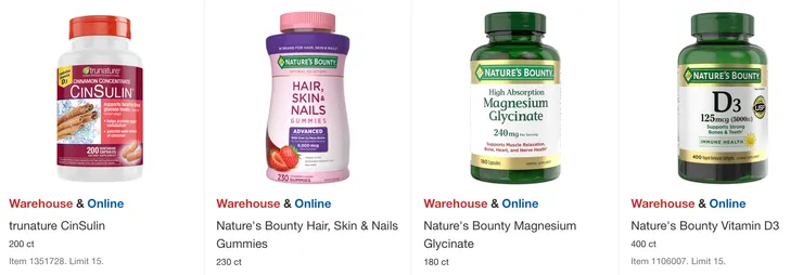 左起折扣後價格：肉桂濃縮辛胰島素 $18.99、增進指甲頭髮皮膚營養素 $17.99、甘胺酸鎂 $16.99、維他命 D3 $19.99。
