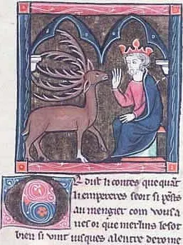 梅林變形為鹿，與尤利烏斯·「凱撒」相遇。十三世紀手抄本。