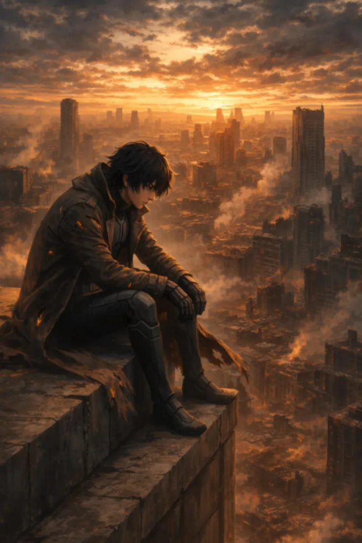 【插圖 #1 】風間陽翔坐在夕陽廢墟天台沉思