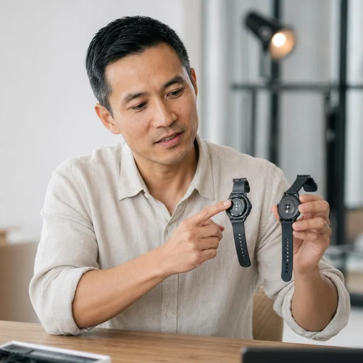 梁练伟手持两款智能手表，对比分析它们的设计与电池充电方式差异。