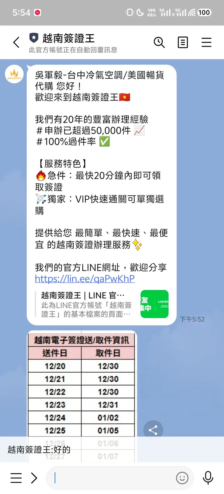 官方LINE一開始就有清楚的送件與取件時間表,資訊很透明