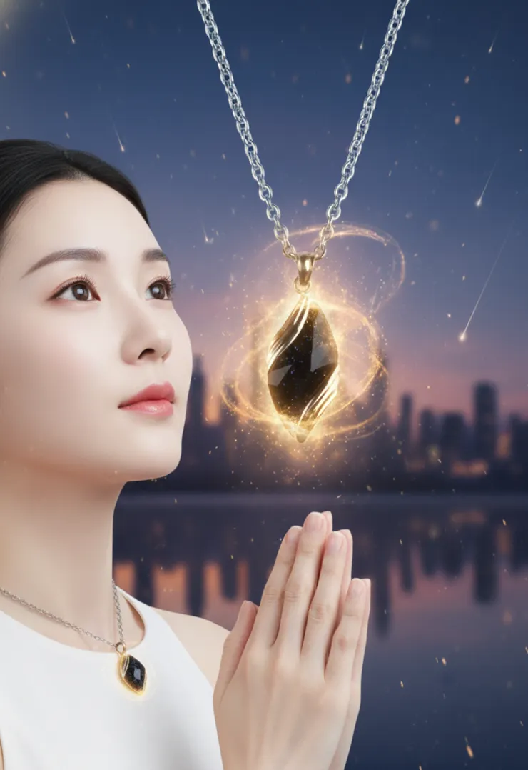 AI生成意境:把心願戴在身上，祈願不久的將來能實現。不過這條項鍊不會發光喔!並沒有金黃色光芒的效果，那是AI胡亂生成的效果，但我相信戴上它會讓您的心靈發光。