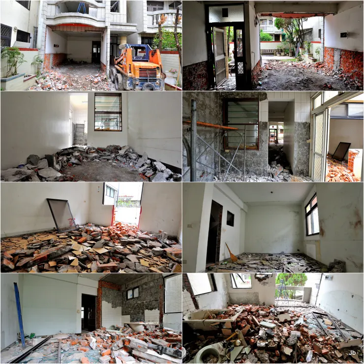 破壞大隊進場舊居瞬間面目全非！左一：庭院望向客廳；右一：客廳望向庭院；左二：一樓餐廳；右二：廚房；左三：一樓孝親房；右三：二樓JB房間；左四：二樓主臥西面；右四：二樓主臥東面。