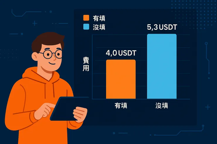 BingX推薦碼實測圖，對比填寫UWMAWOE2與未填寫的用戶在總手續費支出上的差異柱狀圖。