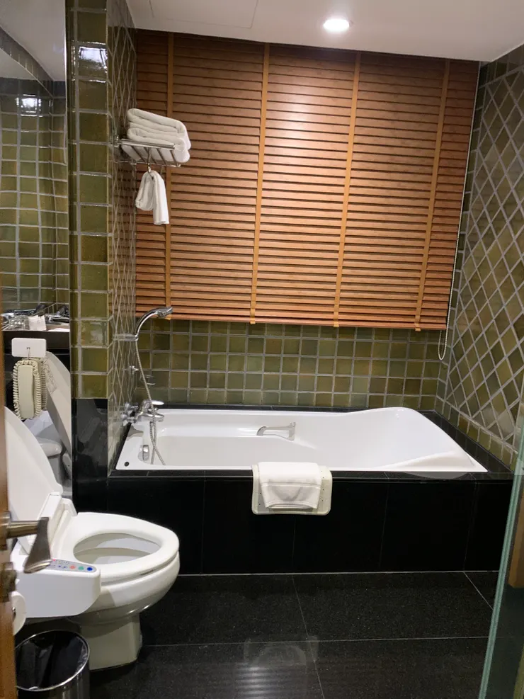 乾濕分離浴室,但是淋浴是固定式蓮蓬頭很難用,後來都在浴缸洗澡,有免治馬桶,但看起來噴頭不是很乾淨,我沒用。