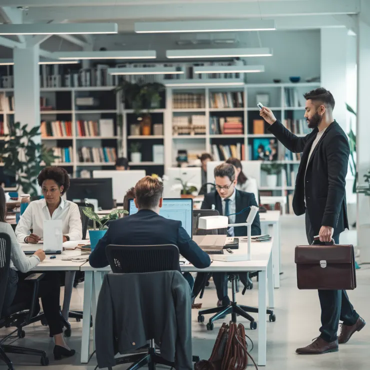 A photo of a professional-looking office space with multiple people working at their desks. There's a man standing up with a suit and a briefcase, and he's holding a whiteboard marker in his hand. The background contains bookshelves filled with books and a few potted plants. The lighting is bright.