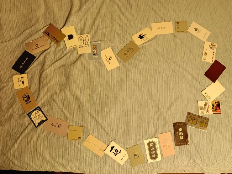 聽說這個愛心手勢最近很夯，我就把咖啡廳名片排成這樣子了！