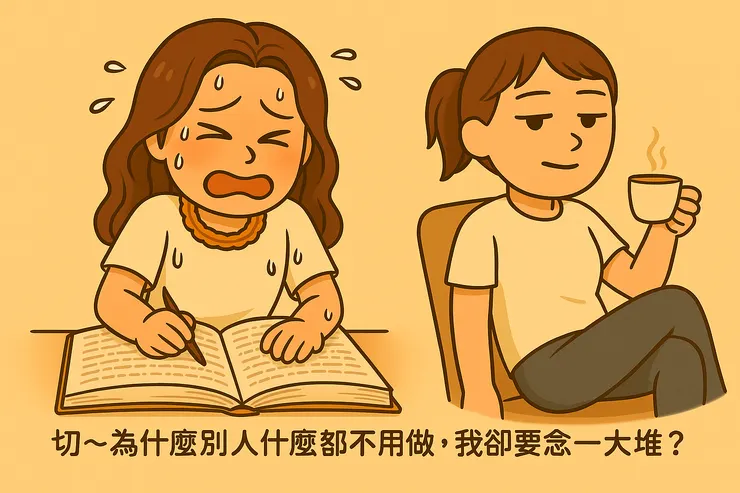我滿頭大汗唸經，卻看見師姐悠悠哉哉翹腳喝茶。切～為什麼別人什麼都不用做，我卻要這麼拼命？