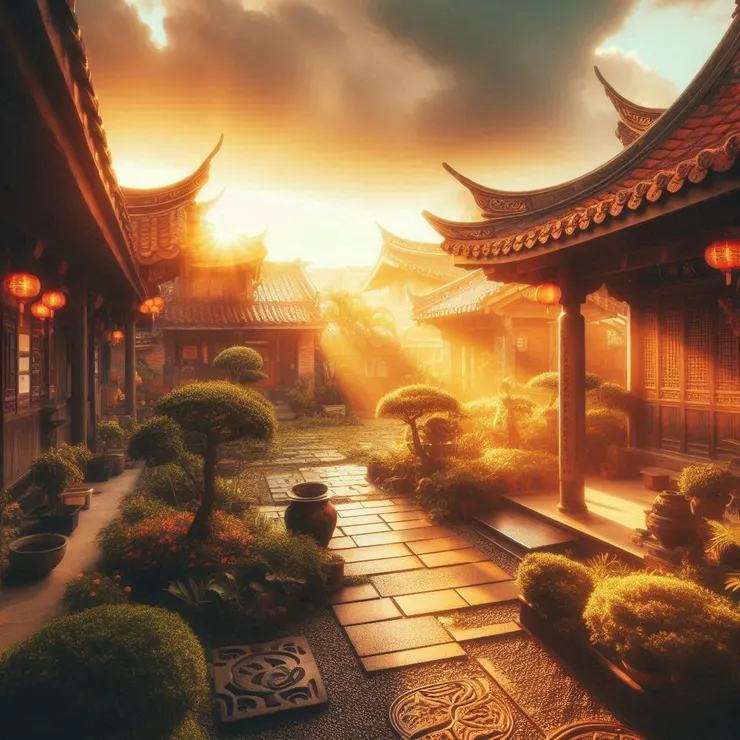 三合院的場景，陽光透過雲層。