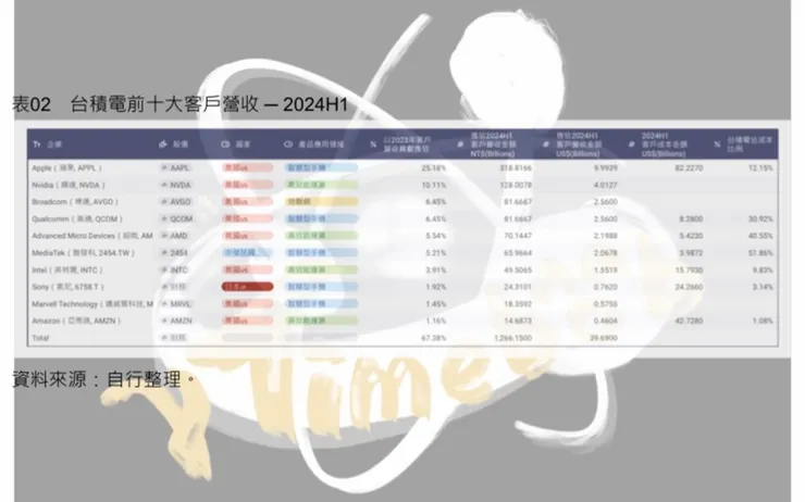 表02　台積電前十大客戶營收 ─ 2024H1