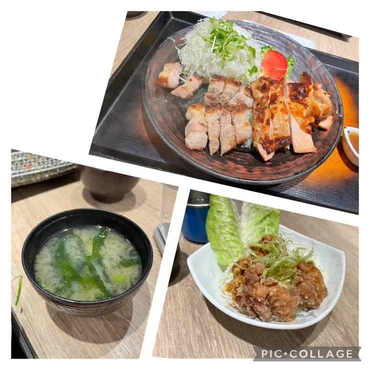 鹽麴豬雞雙拼、味增湯、炸雞塊。