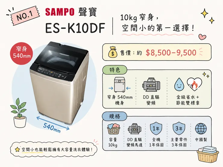 聲寶10kg窄身洗衣機 ES-K10DF DD直驅變頻 540mm 小坪數 省水省電 2026推薦