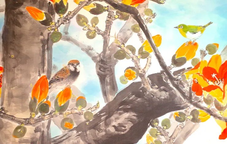 〈四月天晴〉局部－麻雀、綠繡眼