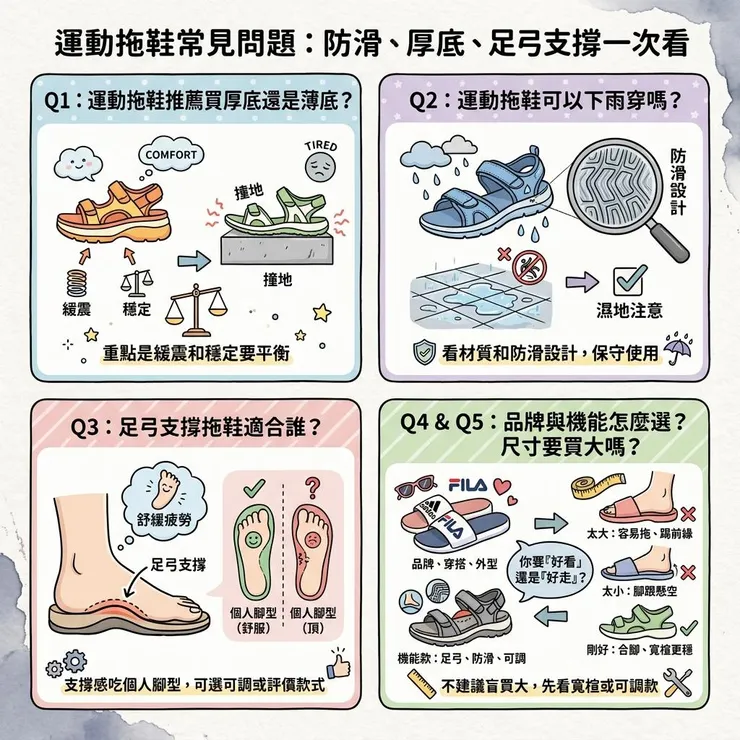  運動拖鞋常見問題：防滑、厚底、足弓支撐一次看
