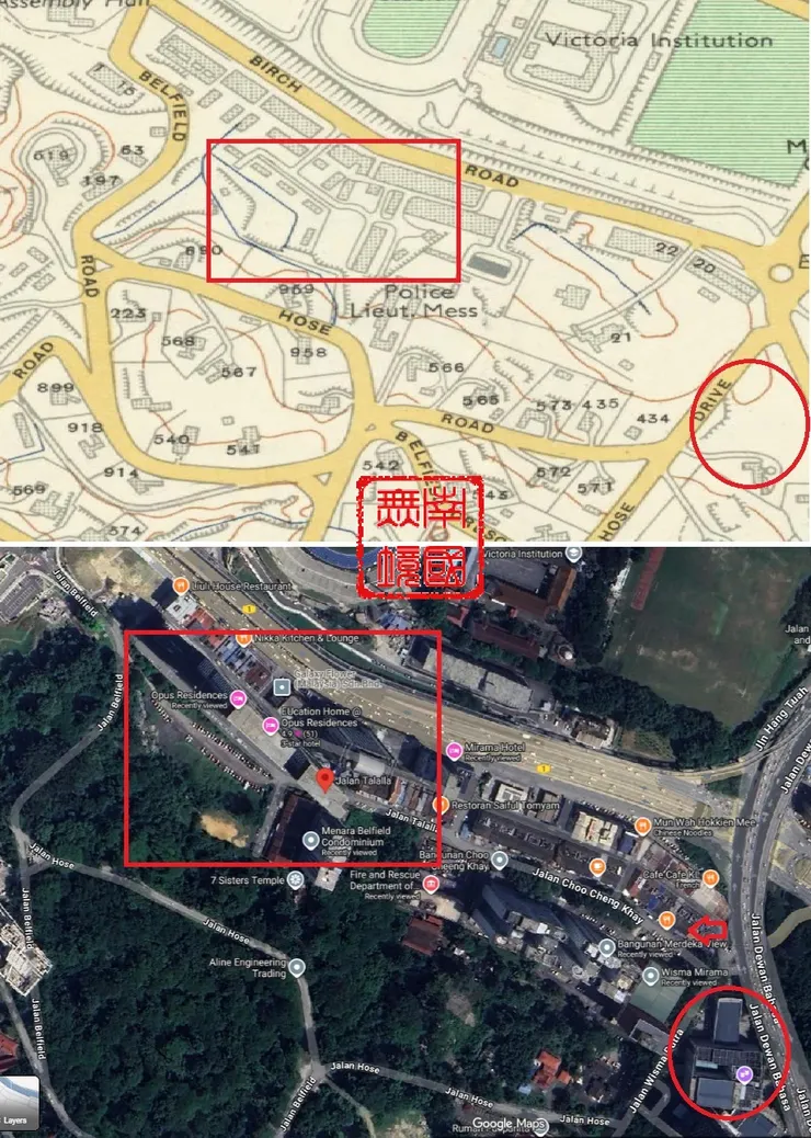 達拉拉路周圍地圖今昔比較。-Kuala Lumpur Map,Survey Dept., Federation of Malaya No. 65 - 1957;Google Map.