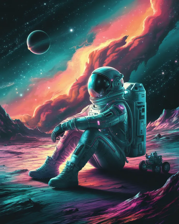 Create a captivating and detailed illustration of an astronaut sitting on the surface of a distant planet in the vast expanse of space. The astronaut is in a futuristic spacesuit with intricate detailing, glowing panels, and a highly reflective helmet visor that mirrors the cosmic expanse. They are seated in a relaxed pose, gazing thoughtfully at the star-filled sky above.  The planet's surface is rugged and alien, featuring vibrant, otherworldly hues such as deep purples, glowing blues, and soft reds. Include unique textures like jagged rocks, soft dust, or crystalline formations. Nearby, a small rover or space tools rest beside the astronaut, emphasizing the exploratory nature of the scene.  The background is a stunning cosmic panorama with a mix of swirling nebulae in shades of pink, orange, and teal, accented by countless twinkling stars. A large, glowing planet or moon dominates the sky, casting soft light on the scene. Ensure the composition conveys a sense of awe, solitude, and wonder, capturing the endless possibilities of space exploration. This design should evoke emotion and appeal to space enthusiasts, inspiring curiosity and imagination.