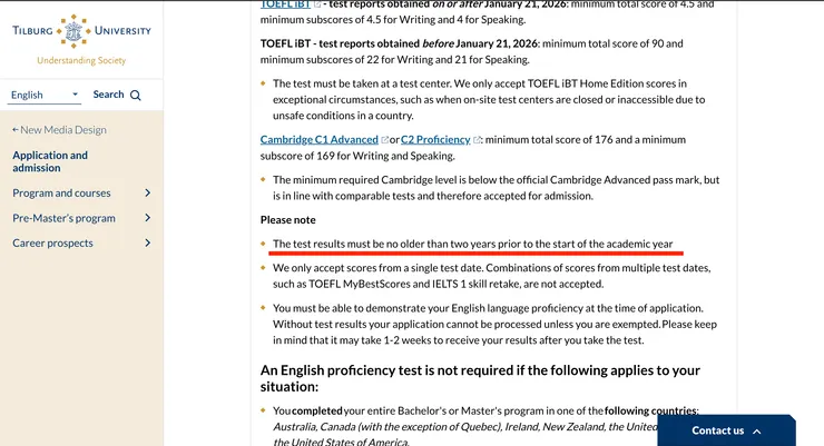 Tilburg 要求雅思成績必須在入學時仍有效