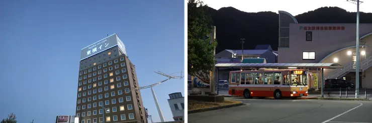 左圖是出站後看到的東橫 inn，右圖就是我們要搭的公車！