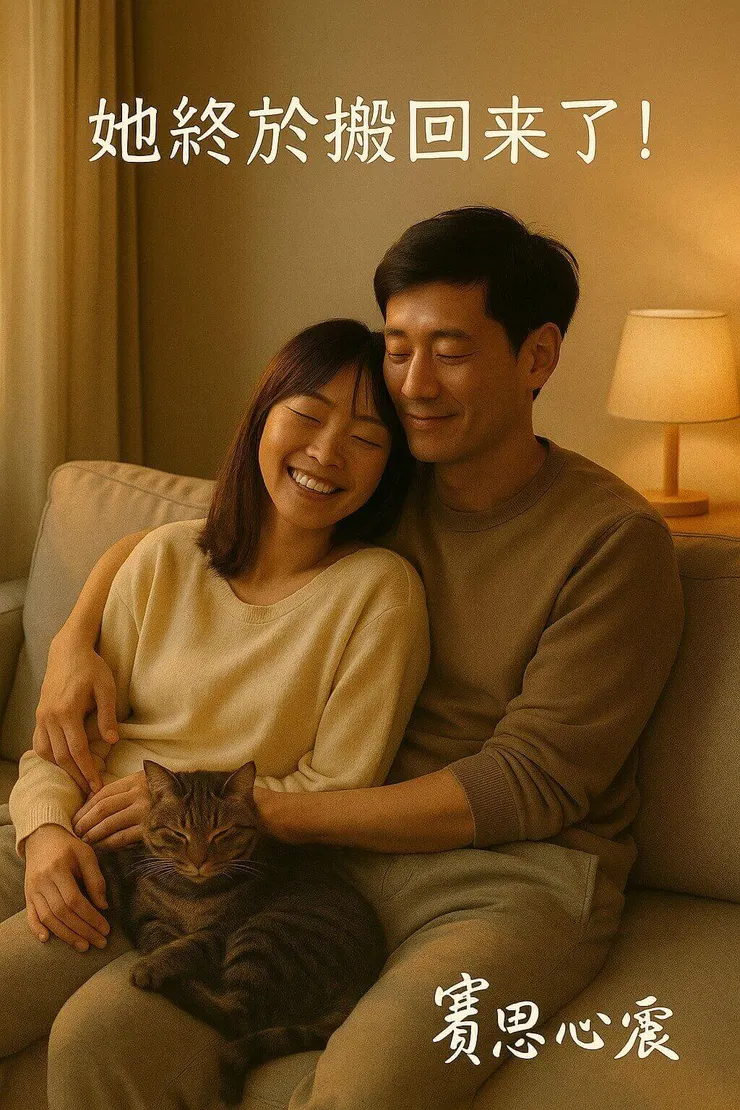 賽思心靈法術成功復合案例，主角與女友和愛貓咪醬在沙發上溫馨擁抱，展現舊愛挽回儀式後的穩定關係。
