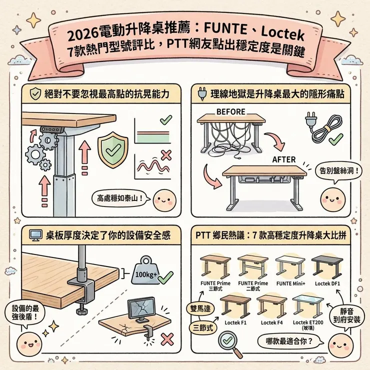2026電動升降桌推薦：FUNTE、Loctek 7款熱門型號評比，PTT網友點出穩定度是關鍵