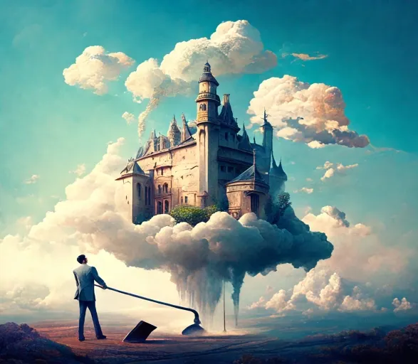recraft.ai；prompt：A man, wearing a suit jacket on his upper body and casual shorts on his lower body, holding a shovel and mallet (leisurely), is building a gorgeous castle with a garden on the clouds (soft light).